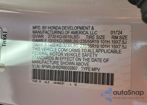 2024 Honda Odyssey Elite z USA, uszkodzony, nr VIN 5FNRL6H92RB032807